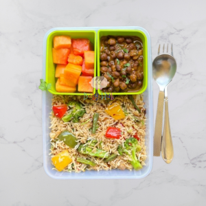 Healthy Indian tiffin box ideas: Vegetable Rice and Black Chana