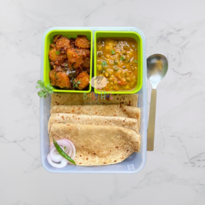 Healthy Indian tiffin box ideas: Chapati with Dal and Pumpkin Sabji