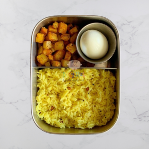 Healthy Lunch Box Ideas: Lemon Rice with Potato Fry and boiled egg - Babyhub