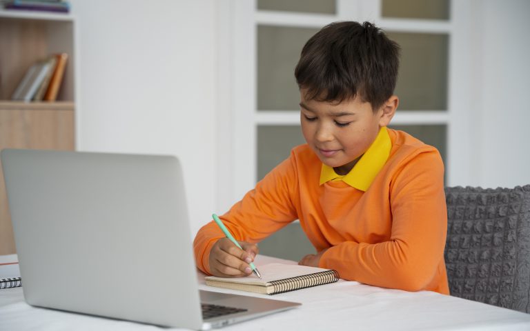 Screen Time: A young boy sits at a desk, focused on a laptop for educational screen activities- Babyhub